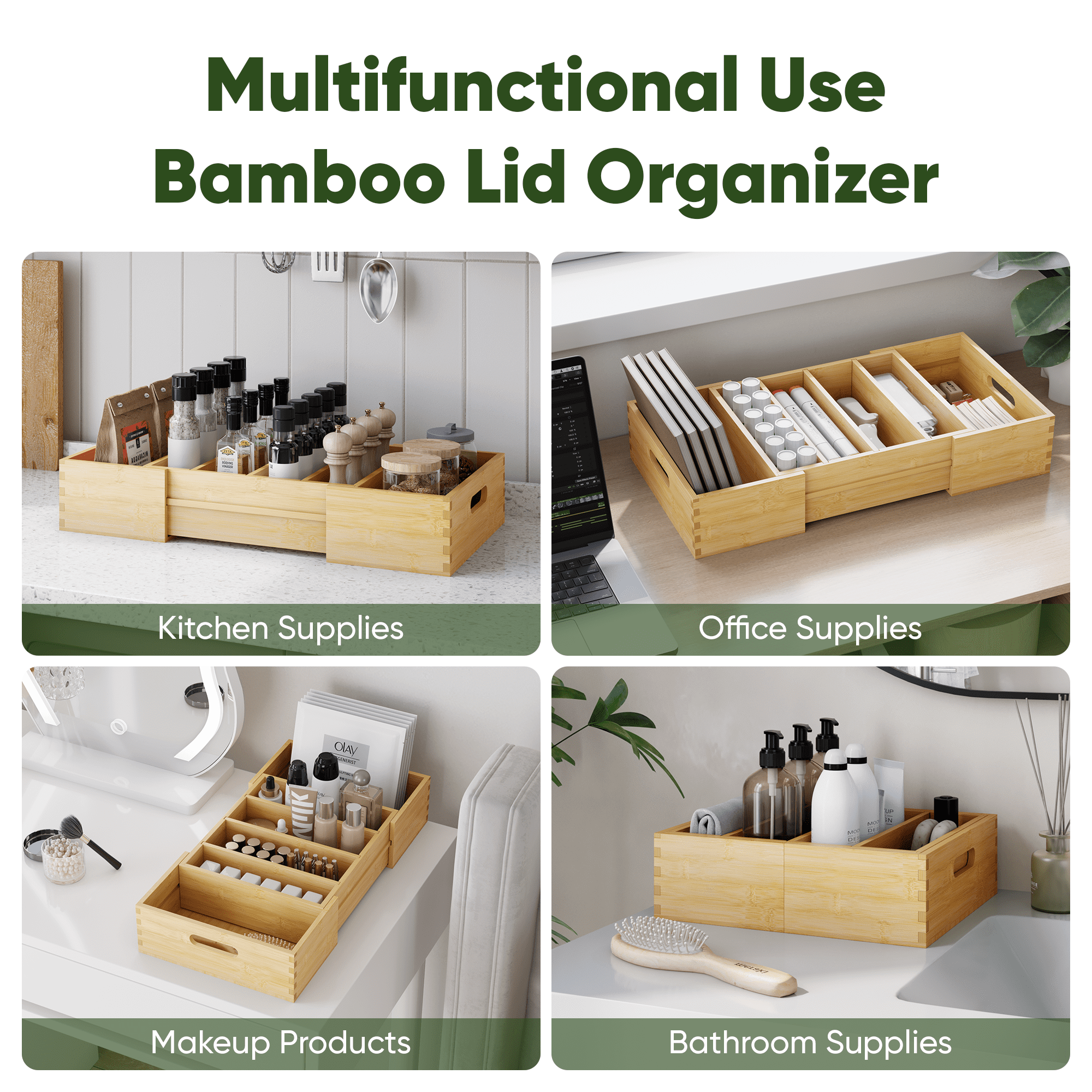 Semiocthome Drawer Organizer Bamboo Expandable Lid Organizer with 3 Adjustable Divider,Kitchen,Natural