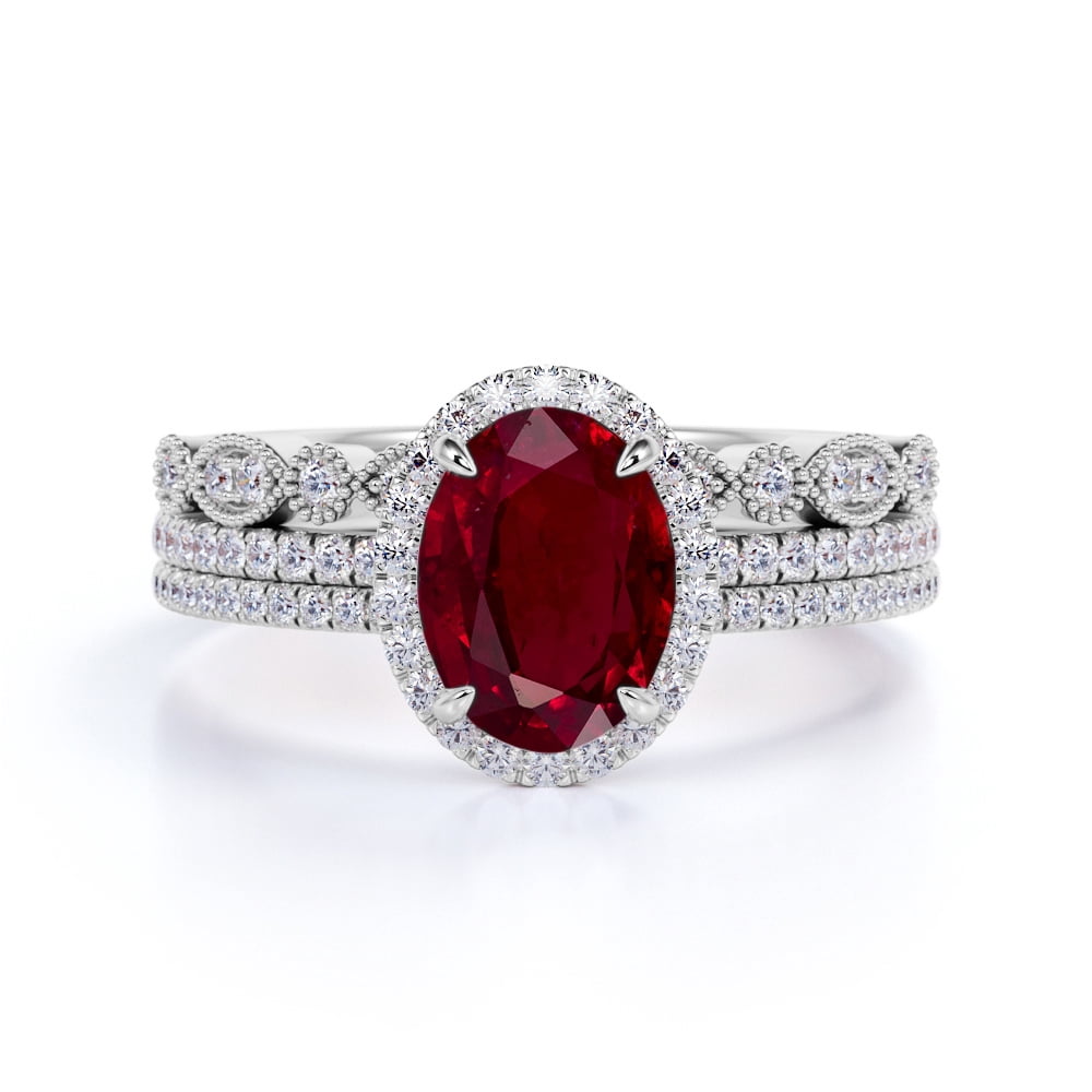 JeenMata - 2.25 Carat Oval Antique Pigeon Blood Ruby Trio Ring Set in ...