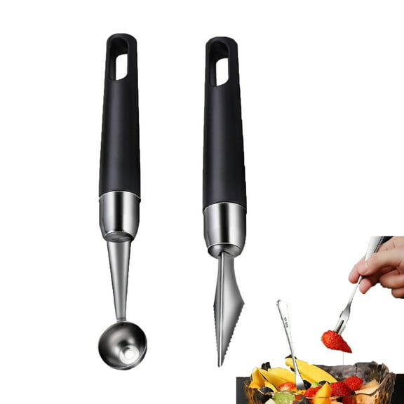 4 Pack Melon Baller Scoon Set,Stainless Steel Fruit Carving Cuter,DIY Fruit Baller Spoon Shapes Platter,Watermelon Cantaloupe Ice Cream Tool,Bring Two Fruit Forks and Mooncake Forks