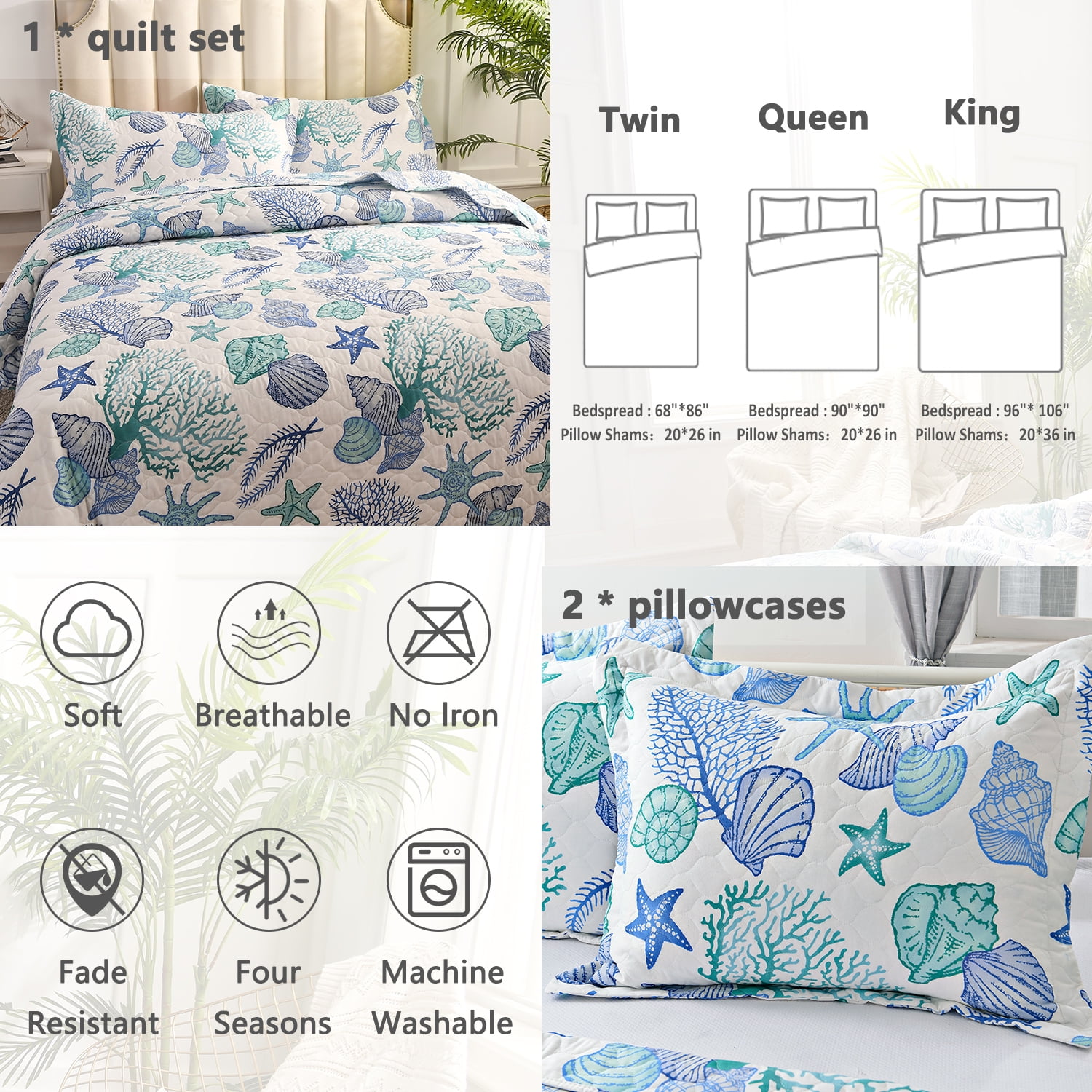 Beartech Ocean Quilt Twin Size Coastal Blue Bedspread Microfiber Cabin Bedding Set
