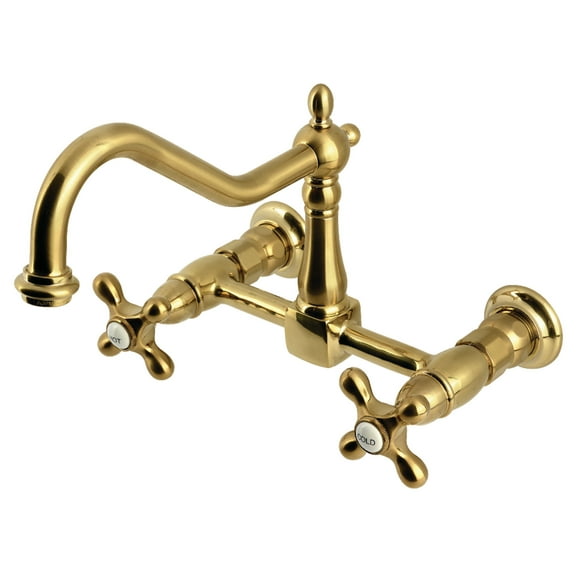 Kingston Brass KS1247AX Heritage Double-Handle Wall-Mount Bridge Kitchen Faucet, Brushed Brass