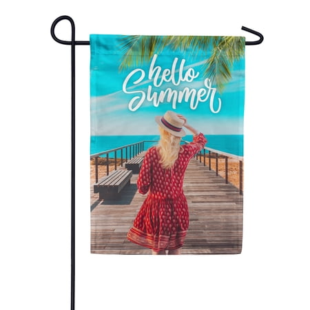 America Forever Hello Summer Waterfront Retreat Garden Flag 12.5 x 18 inches Tropical Palm Leaves Nautical Sea River Dock Double Sided Summertime Seasonal Yard Outdoor Decorative Coastal Garden Flag