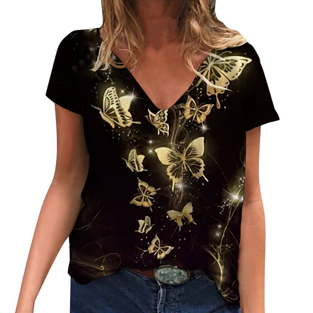Gibobby Camisetas Mujer Manga Corta Camisetas verano manga corta talla grande para mujer, camisetas entrenamiento informales con cuello en V, túnica Fl(Amarillo,CH)