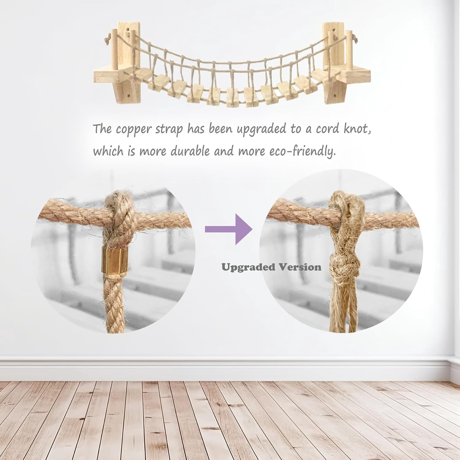 Wall Shelves Climbing Bridge for Indoor Cats, 55 Inch Wooden Perch with Sisal Rope, Space Saving Wall Mounted Furniture