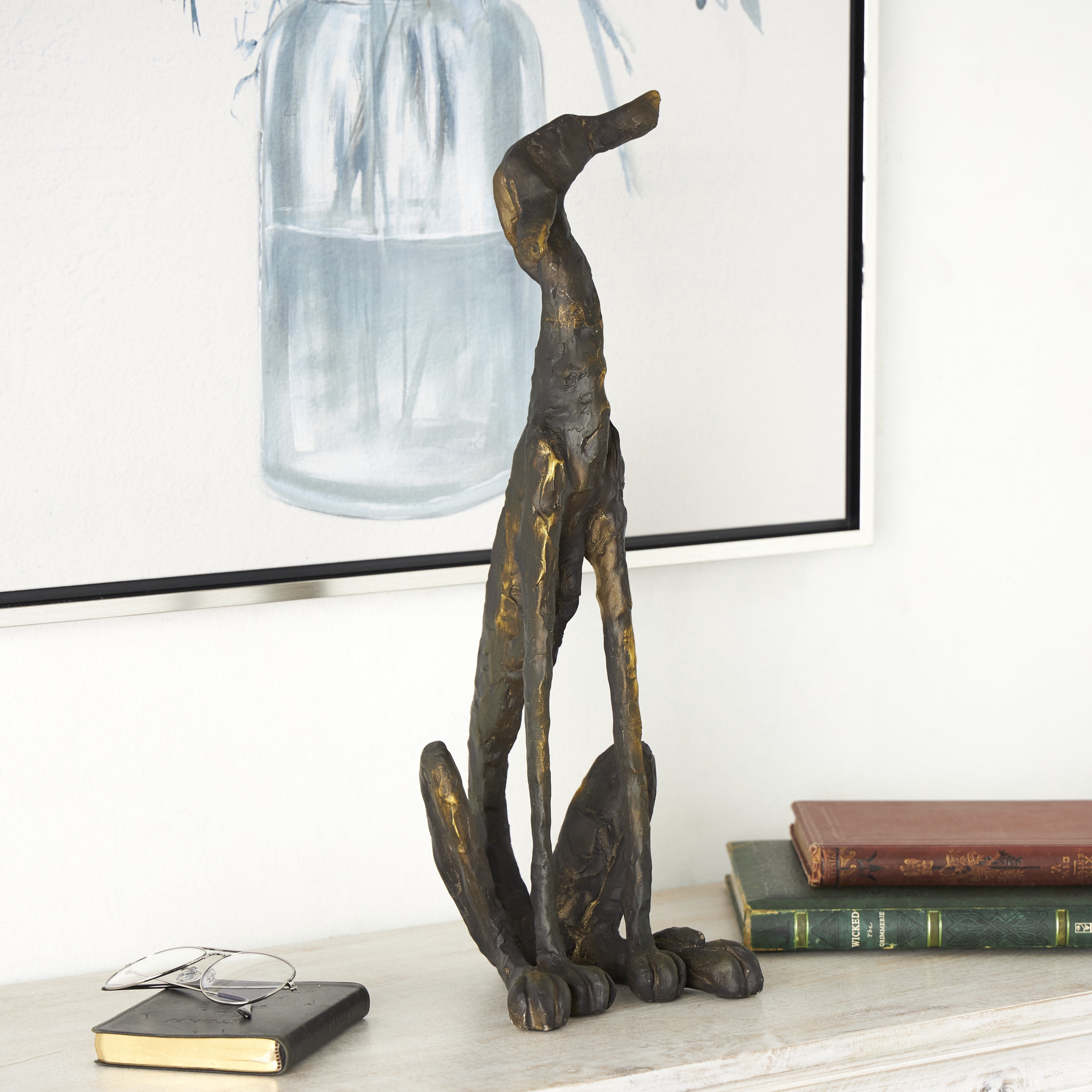 7" x 21" Bronze Polystone Distressed Slim Frame Dog Sculpture with Gold Accents, by DecMode