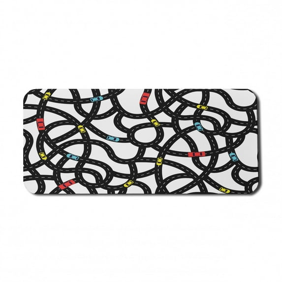 Cars Computer Mouse Pad, Intertwining Roads with Cars on Them Complicated Design with Urban Life Theme, Rectangle Non-Slip Rubber Mousepad X-Large, 35" x 15", Black Yellow Blue, by Ambesonne