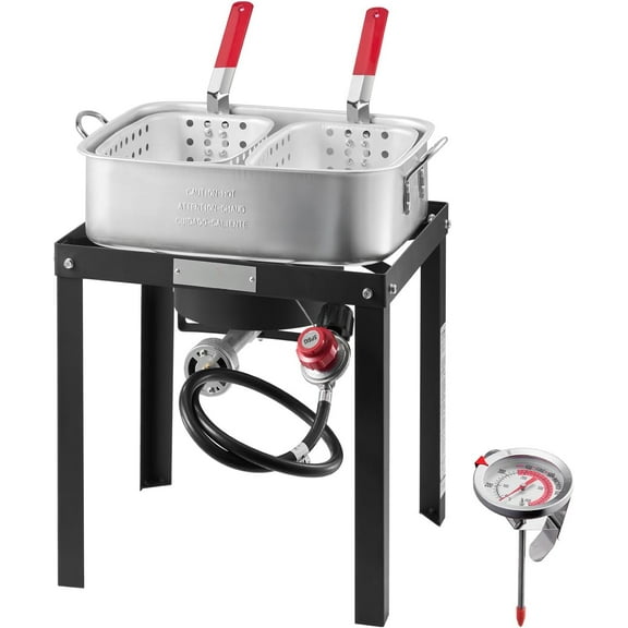 MY.18 Qt Fish and Wing Fryer with Double Basket, Aluminum Propane Fish Fryer Kit, Outdoor Deep Fryer Seafood Pot with Thermometer and 58,000 BTUs Propane Burners, for Outdoor and Backyard Cooking
