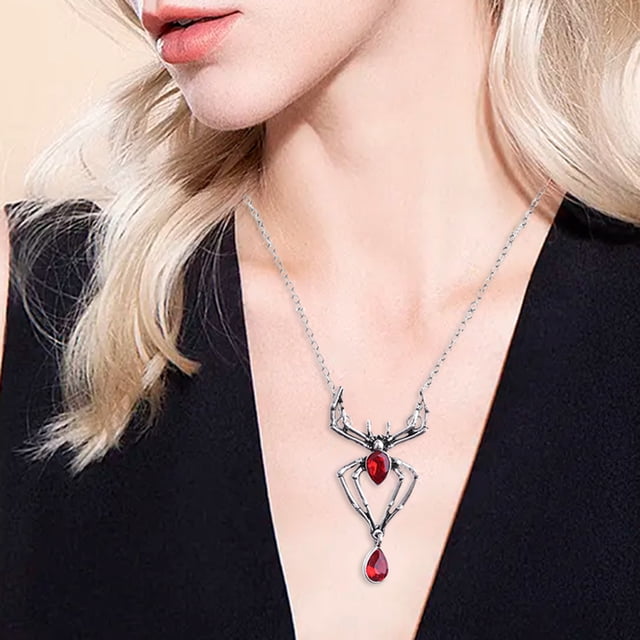 enjoywould Femmes Collier Vintage Bonne Exécution Durable Cosplay Portable Luxe Effrayant Forme d'Araignée Rouge Strass Halloween Collier Cadeau