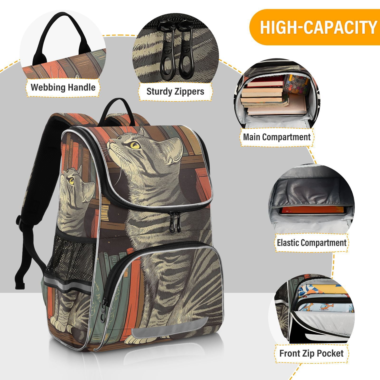 Cat Bookshelf Backpack Big Laptop Backpack Casual Daypack Quilted Large Capacity Large Bookbags