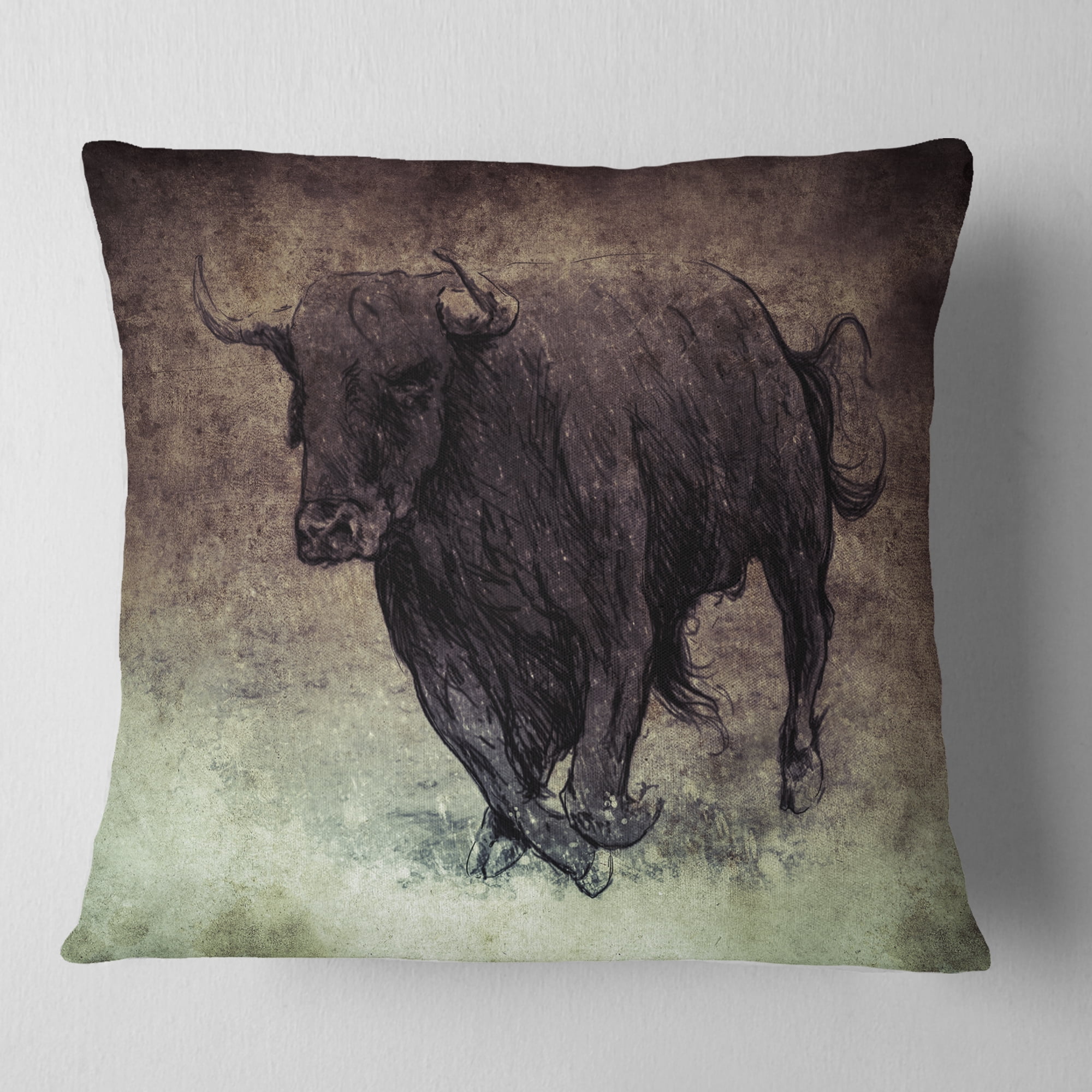 Designart Bull Running on Vintage Paper - Animal Throw Pillow - 16x16