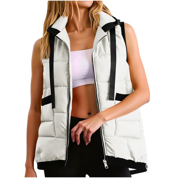 JGGSPWM Womens Womens Warm Hooded Puffer Vest Lightweight Zip Up Sleeveless Jackets Padded Gilet With Pockets White XXL