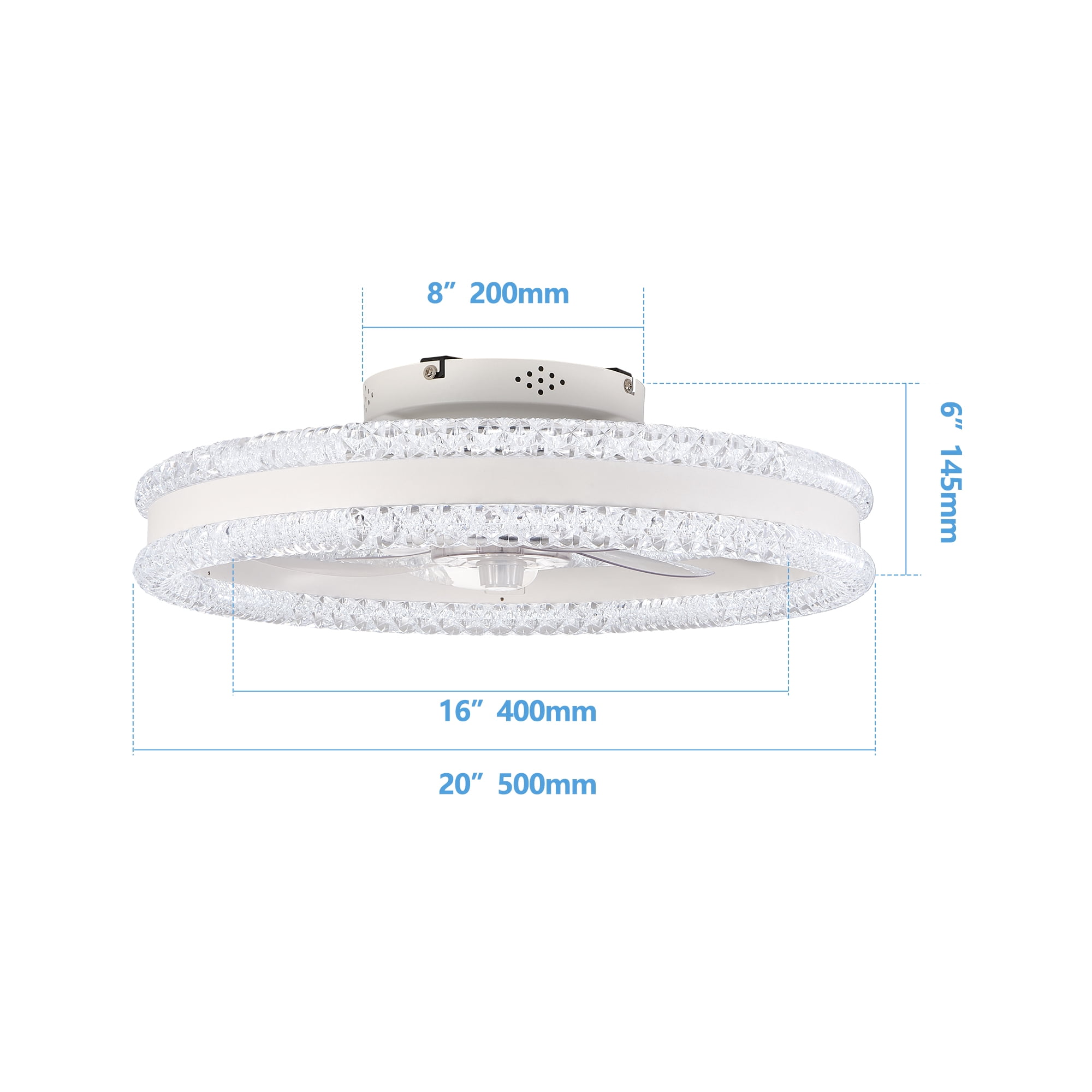 Aezusy Modern 20" Ceiling Fan with Light, Dimmable LED Ceiling Fixture with Invisible Blades & Crystal Accents Remote App Control Quiet Adjustable Color Temperature Fan for Bedroom & Living Room