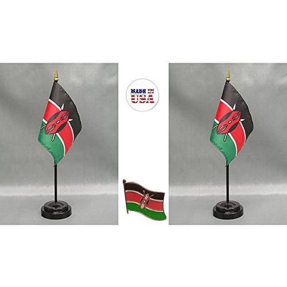 Kenya Desk Flag Set; Two 4x6 inch American Made Table Flags with Two Bases