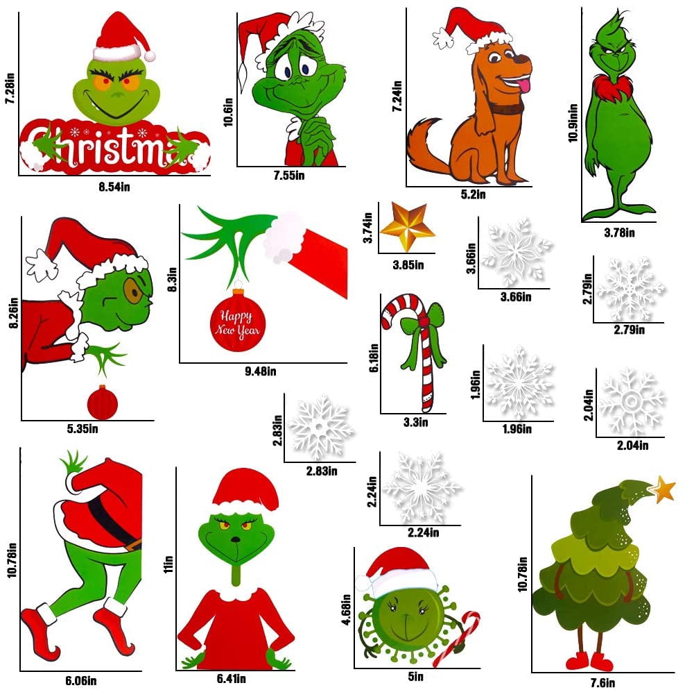 Autocollants Fenêtre Noël Grinch - PVC Double Face, Motifs Dessin Animé - Pour Vitres, Miroirs, Décoration Fête - 2