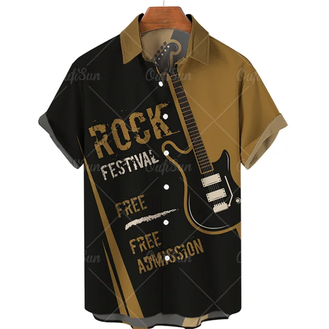Men's Hawaiian Shirt One Button Shirt Cartoon Musical Instrument Pattern Oversize 3d Printing Loose Short Sleeve Beach Tops