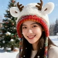 thumbnail image 5 of Creative Antler Hat & Bag 2-in-1, Festive Reindeer Knitted Christmas Beanie, Party Warm Foldable Deer Storage Hat for Women (Beige), 5 of 8