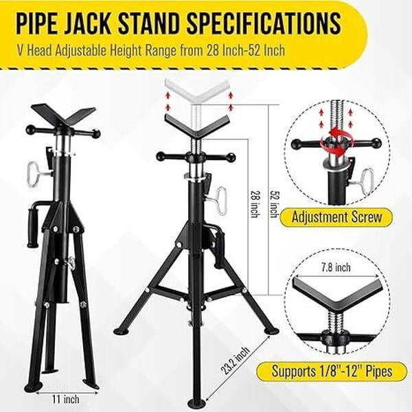 Heavy-Duty Adjustable Folding Pipe Jack Stand | 2500 Lbs Load Capacity with Portable Folding Legs 28-52 Inch Height Adjustable 1/8"-12" Capacity，Black
