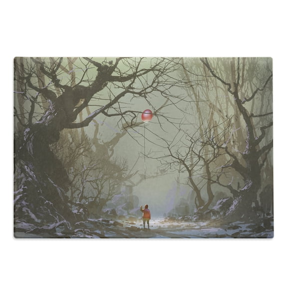 Fantasy Cutting Board, Boy Looking up Red Balloon Stuck on Tree Branch in Foggy Forest Creepy Picture Print, Decorative Tempered Glass Cutting and Serving Board, Large Size, Brown, by Ambesonne