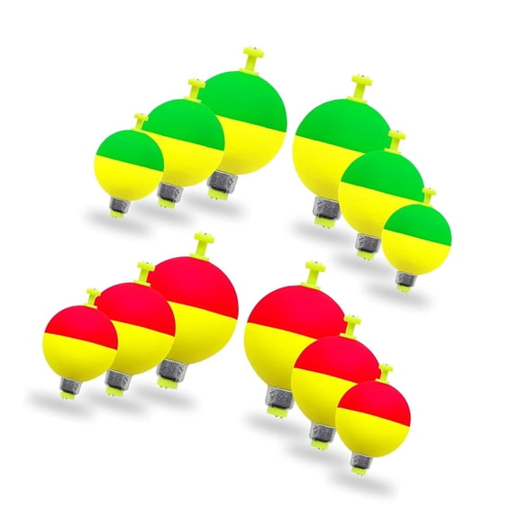 Fishing Float Pack, 12 Round Shape Mix Fishing Bobbers Set with Yellow Color