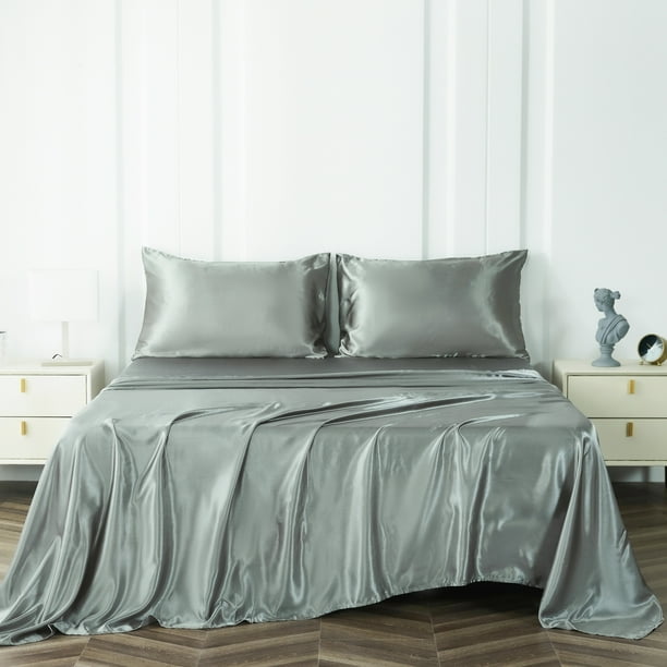 NTBED Satin Sheets Full Gray Luxury Silky Bed Sheets 1800 Microfiber