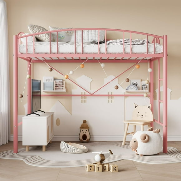 BeesClover Loft Bed Twin Size with Ladde and Arched Guardrail, Heavy Duty Metal Loft Bed Frame for Kids and Adults, Sturdy Steel Slats Support