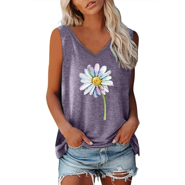 Womens Printed Sleeveless Casual V-Neck Tank Top