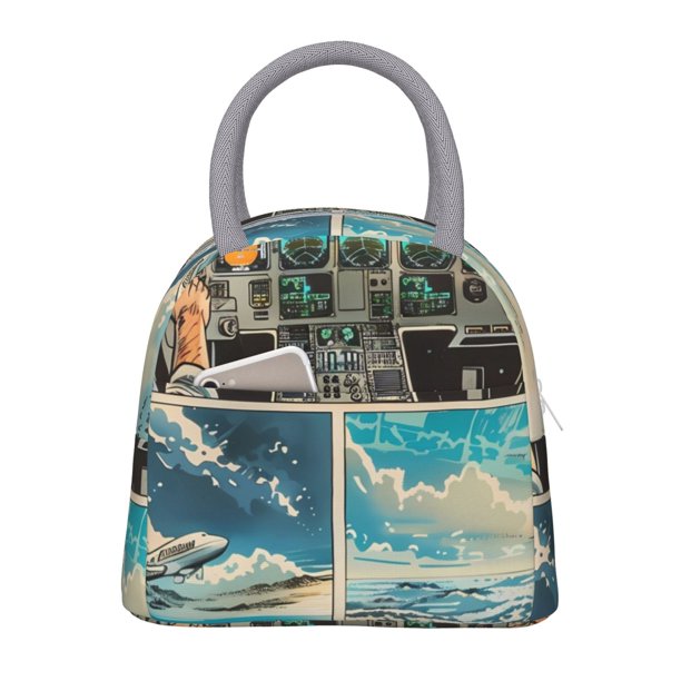 Easygdp Comic Airplane Cockpit Illustration Bolsa de Almuerzo Insulada Grande, Forro de Aluminio, Diseño Espacioso, a Prueba de Fugas, Ideal para Trabajo, Picnics, Viajes y Actividades al Aire Libre