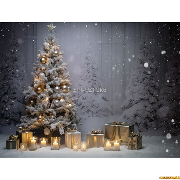 Christmas Tree With Gift Boxes Photography Backdrops Winter Snow rations Wood Door Fireplace Room Background Props WR-10