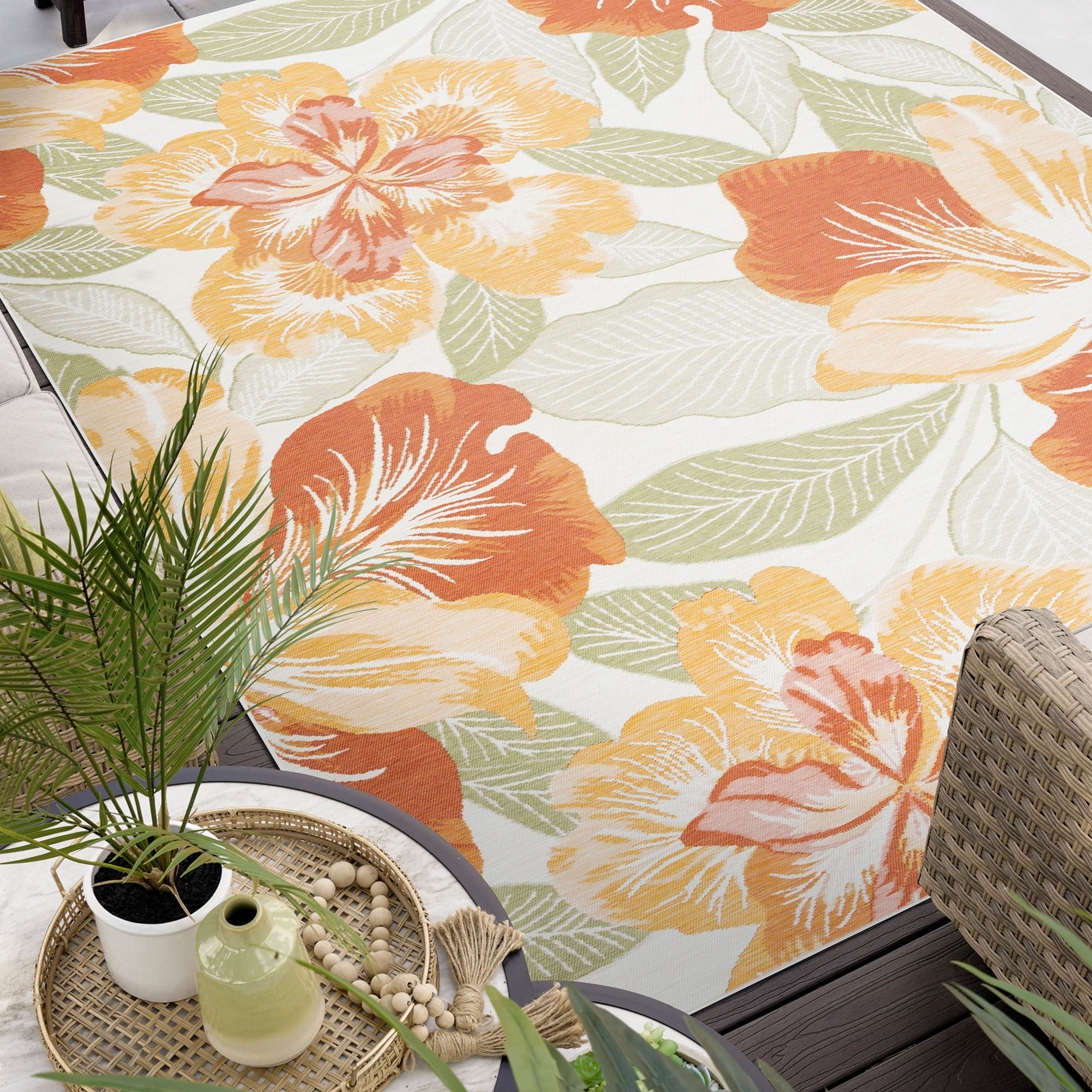 2x3 Water Resistant, Small Indoor Outdoor Rugs for Patios, Front Door Entry, Entryway, Deck, Porch, Balcony | Outside Area Rug for Patio | Orange, Floral | Size: 2' x 3'