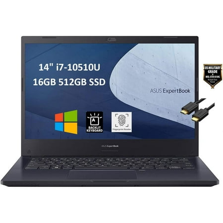 ASUS ExpertBook P2451 14" Thin & Light FHD (Intel 4-Core i7-10510U, 16GB RAM, 512GB PCIe SSD) Military Grade Durable Business Laptop, Backlit KB, Webcam, 3-Year Warranty, Windows 10 Pro