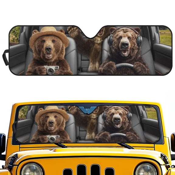 POLERO Windshield Sun Shade, Brown Bear Travel Front Window Sunshade Car Accessories Universal Fit Off-road Vehicle Truck Sun Visor Protector, Keep Car Cool
