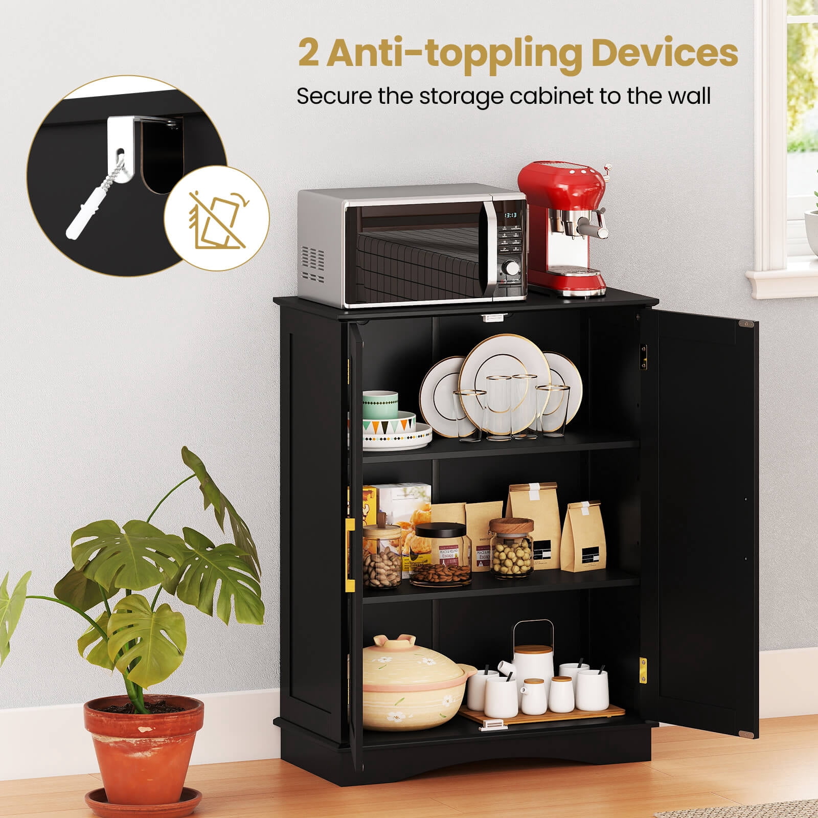 Costway Floor Storage Cabinet Modern Storage Organizer with Adjustable Shelves &2 Doors