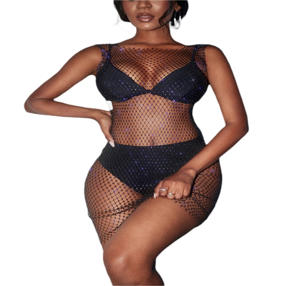 Women Sexy See Through Mesh Dress Rhinestone Fishnet Bikini Swimsuit Cover  Up Rave Festival Club Midi Dress - Walmart.ca