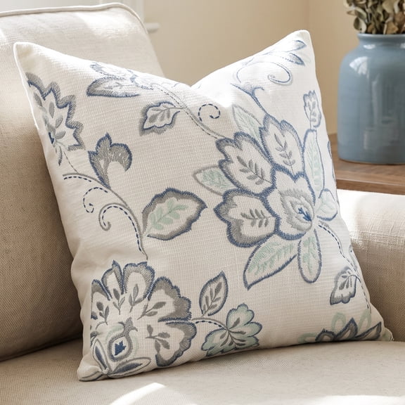 Unique Bargains Embroidered Floral Throw Pillow Cover Rustic Cushion Case Blue 18"x18"