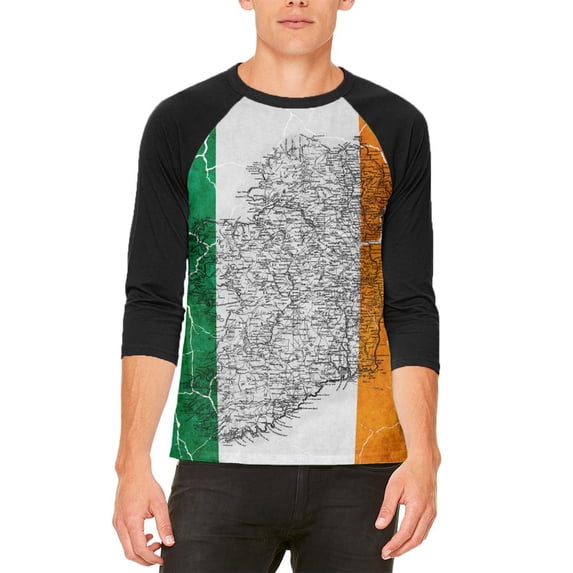 St Patrick's Day Vintage Irish Map Flag Distressed Mens Raglan T Shirt White-Black SM