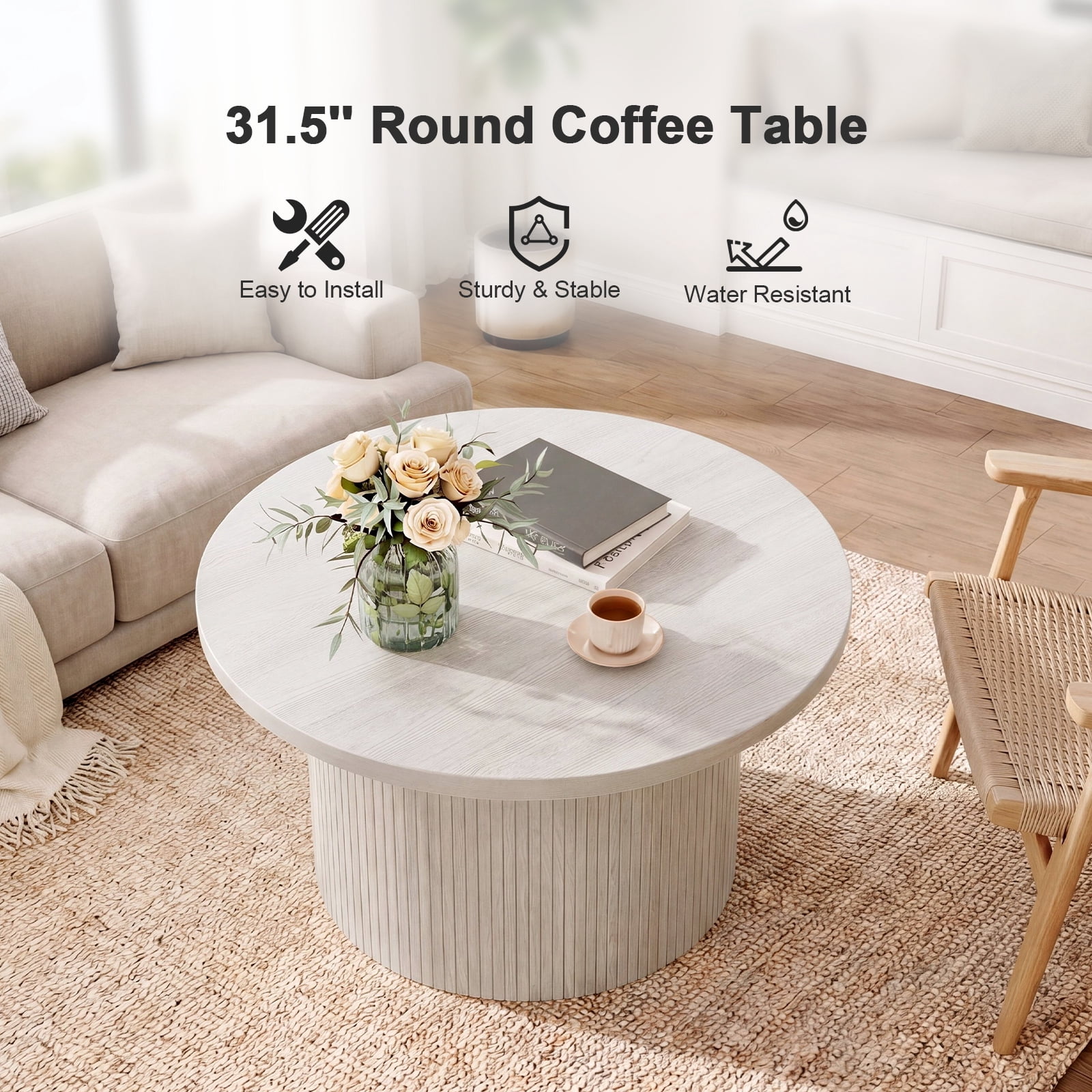 ROGALIS 31.5" Round Tambour Design Coffee Tables for Living Room, Mid Century Modern Wood Coffee Tablewith Spacious Tabletop, Art Deco Sturdy Circle Coffee Table,Natural White
