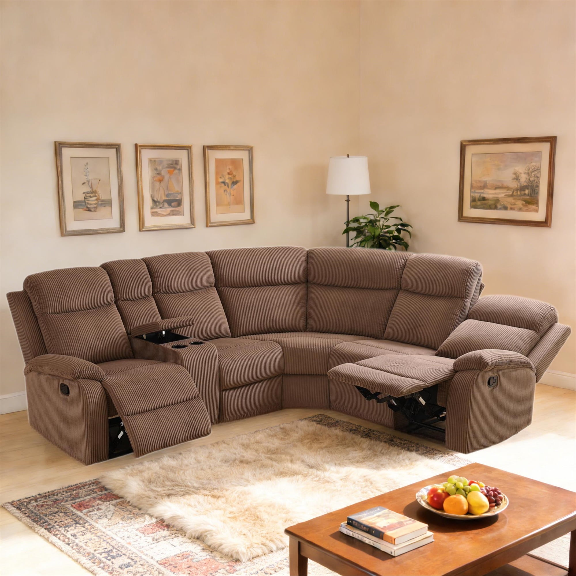 Aukfa 3-Piece Recliner Sofa Set, 5 Seat Sectional Couch with Cup Holders&Storage Console, Corduroy, Brown