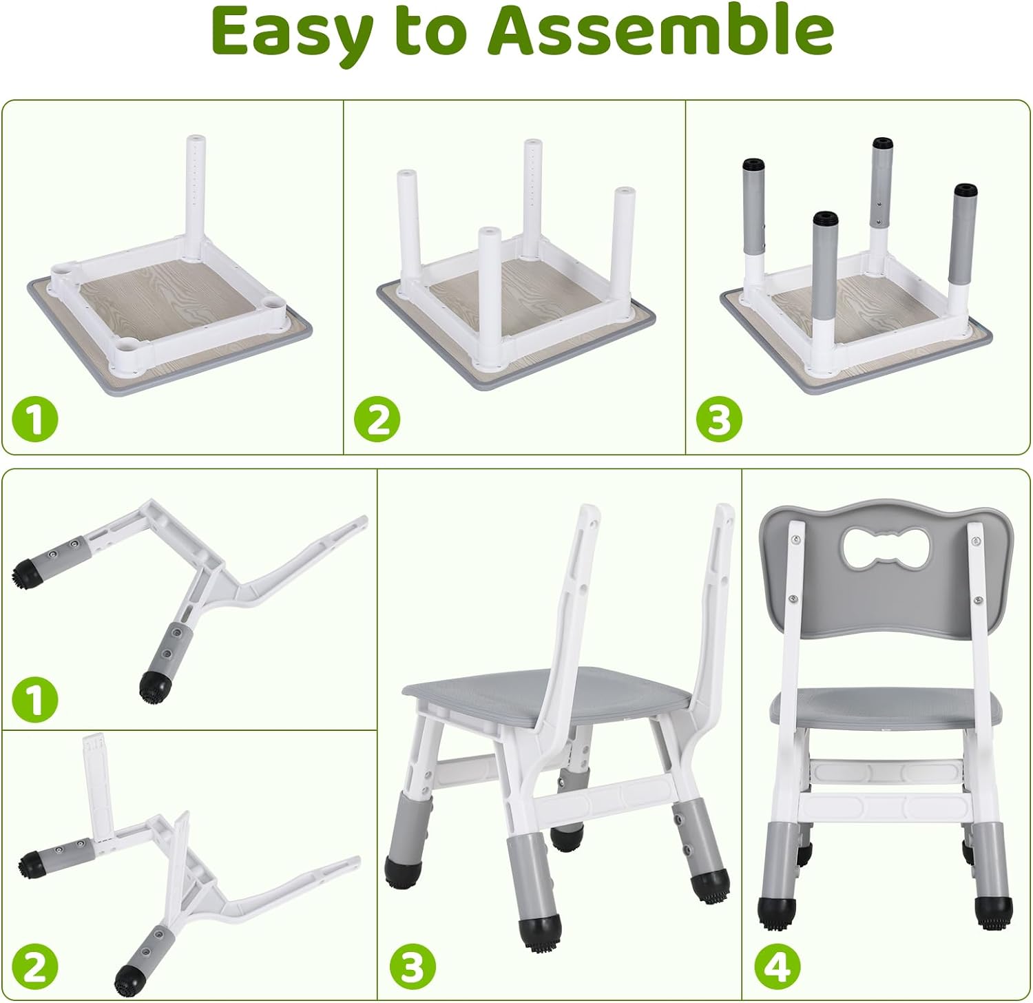 Arlopu 5 Pcs Kids Table and Chairs Set,  Height Adjustable, Toddlers Activity Table & 4 Chairs Set for Study, Grey