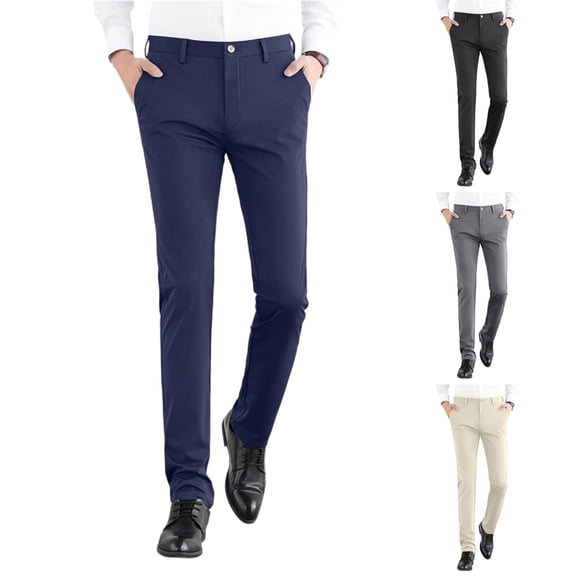 Men's Straight Leg Ice Silk Business Trousers, Slim Fit Chinos, Elastic Waist Dress Pants, Lightweight Breathable Stretchy, Office Work Casual Daily, Summer Fashion Essentials