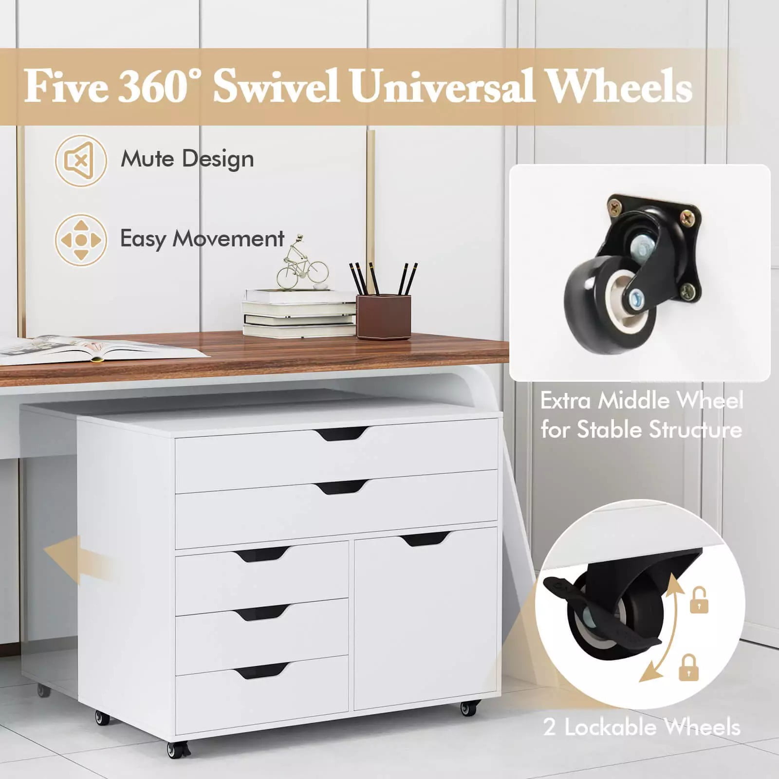 Harmijoy 5-Drawer File Cabinet w/Side Cabinet, Mobile Chest of Drawers w/ Side Cabinet, Door Cabinet with 5 Casters, Rolling Lateral Filing Cabinet