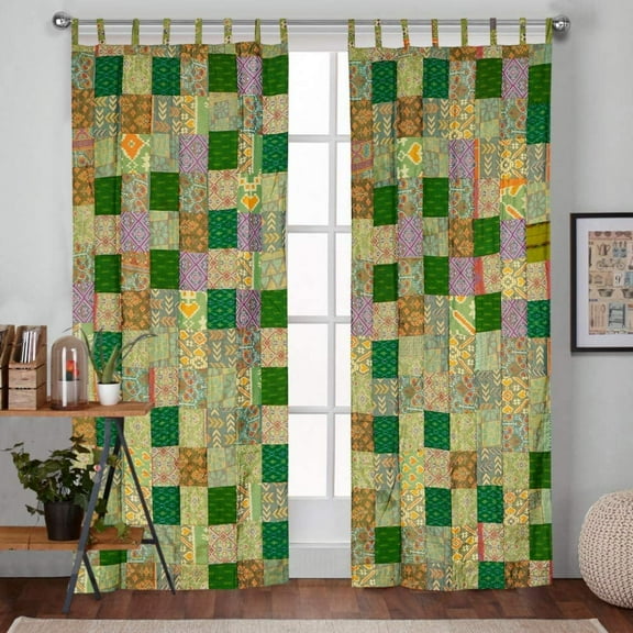 Vinsan International Indian Curtain Saree Silk Curtain Theme Patchwork Sari Bohemian Gypsy Curtain Hippy Bohemian Curtain Ethnic Wall Hanging Curtains Set of 2 Panel 42" x 82" Each