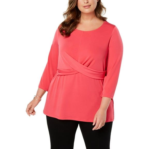ALFANI Womens Pink 3/4 Sleeve Jewel Neck Top Plus Size