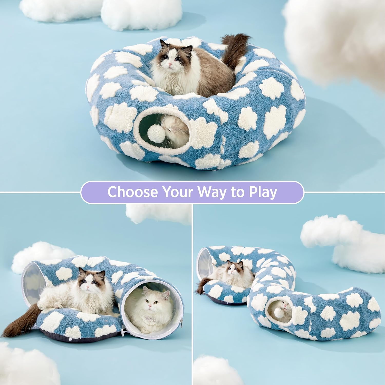 Cat Tunnel Bed for Indoor, Soft Plush Cat Donut Tunnel with Circle Mat, for Kitten Puppy Rabbit, Blue