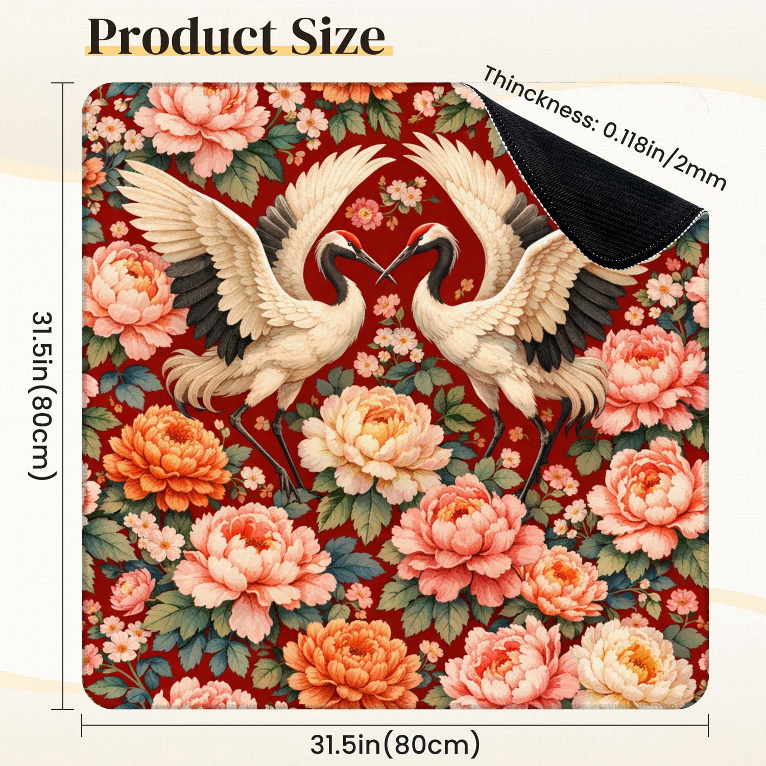 Mahjong Mat 31.5" x 31.5" Elegant Crane Birds Peony Flowers Red Non-Slip Noise Reduction Mahjong Tiles Table Cover for Dominoes Poker Card Board and Tile Games