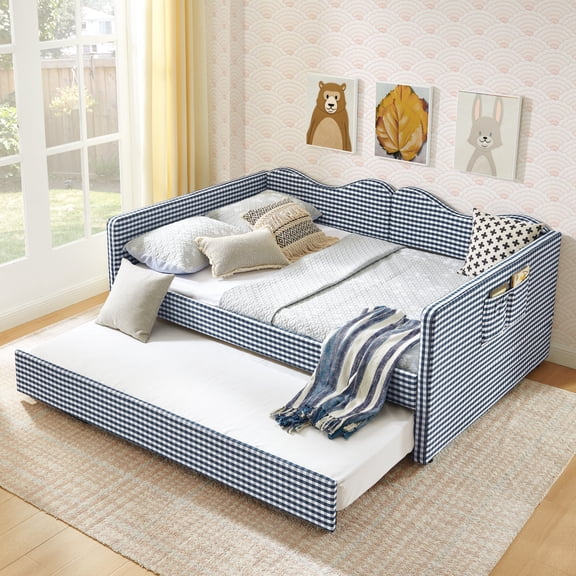 Harper & Bright Designs Full Size Gingham Daybed with Pull‑out Trundle, Upholstered Sleeper Sofa with Solid Wood Frame, Convertible Sofa Bed with Side Storage and Rolling Wheels for Bedroom, Blue