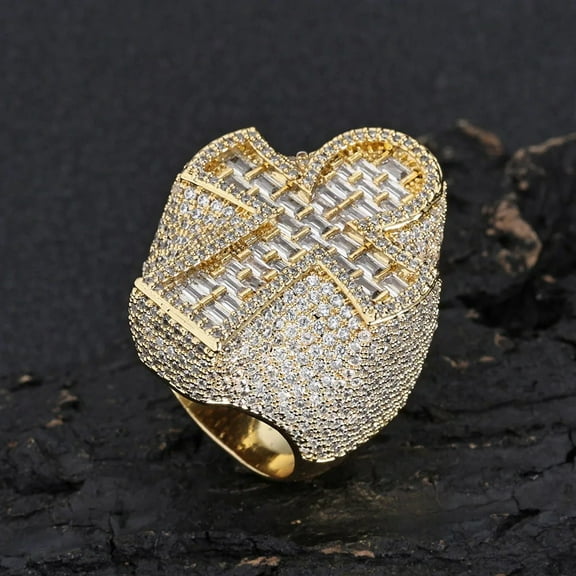 Cross Finger 14K Yellow Gold Ring Iced Out AAAAA Zircon Prong Setting Fashion Luxulry Men Hip Hop Jewelry for Gift