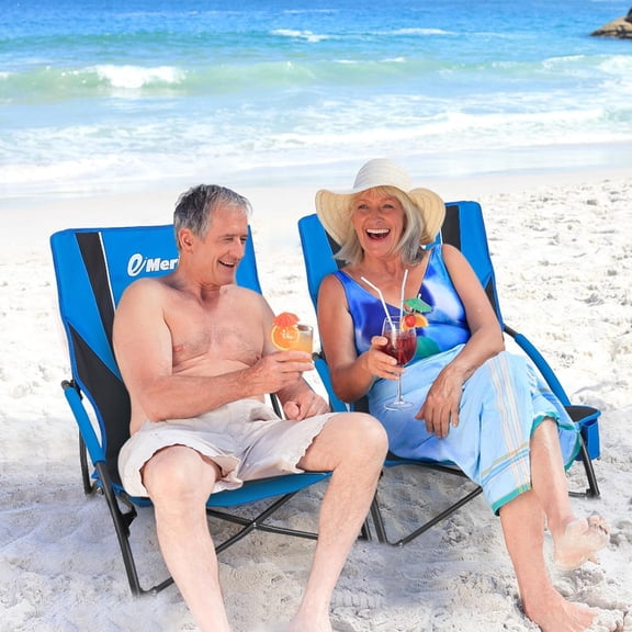 Low Beach Chairs for Adults - Blue & Black, Ergonomic Design with Umbrella and Cup Holder