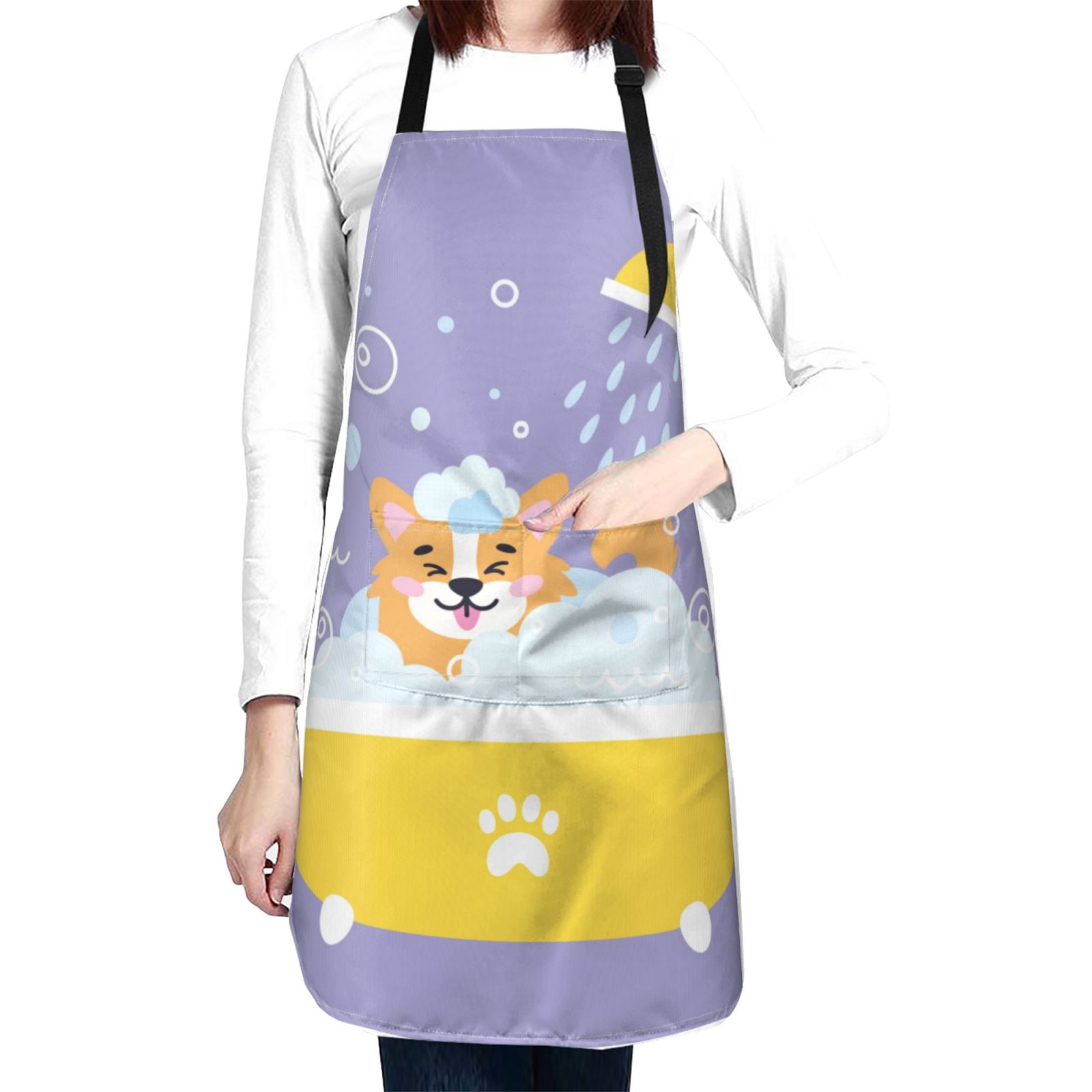 Kdxio Corgi Washing in Bathtub Apron with Pockets Adjustable Kitchen Aprons for Men Women Waterproof Aprons for Cooking,Drawing,Crafting, Baking Household Cleaning