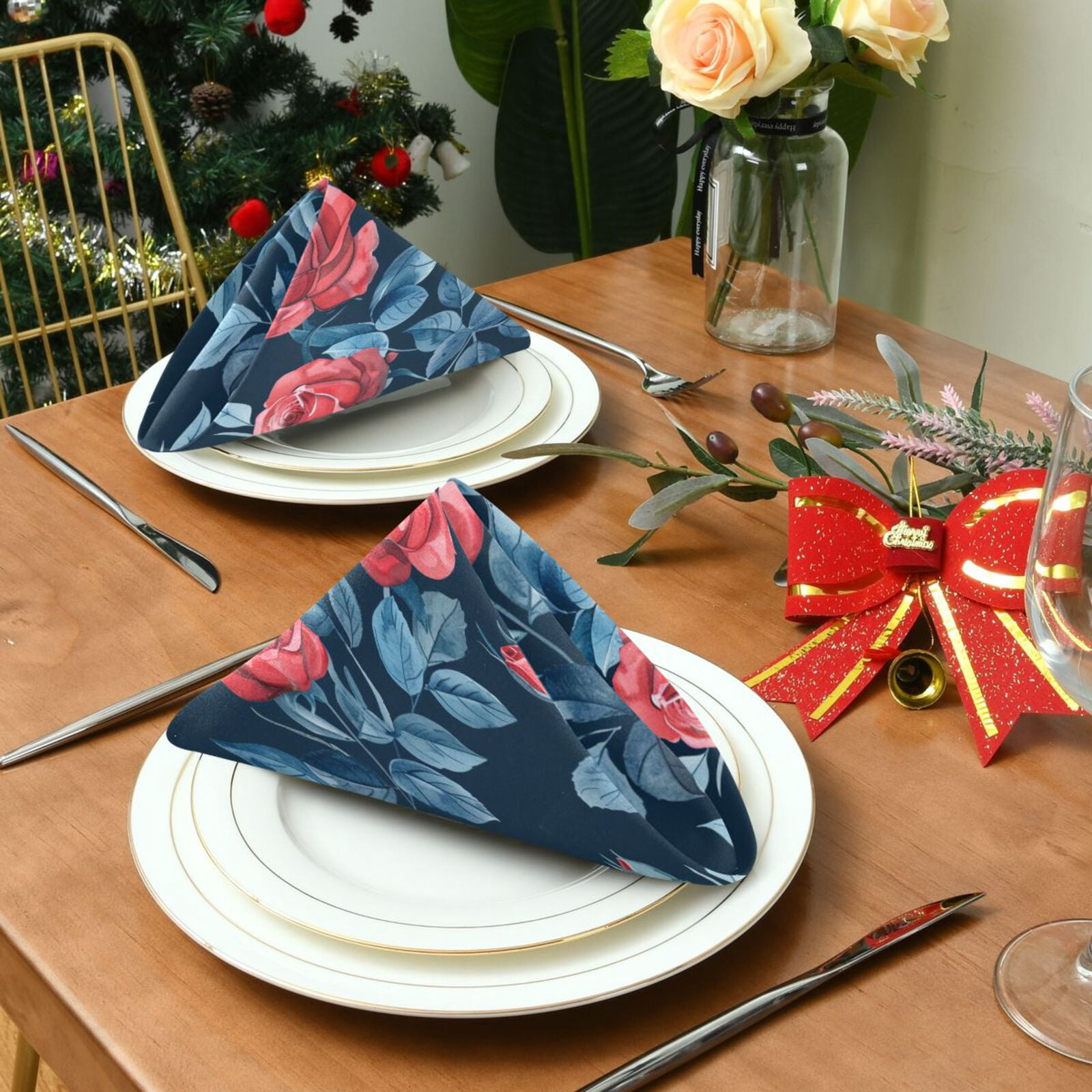 JSTEL Vintage Red Rose Flower Cloth Napkins Set of 6, 20x20 Inch Washable and Reusable Napkin for Decoupage Dinner Party Everyday Use