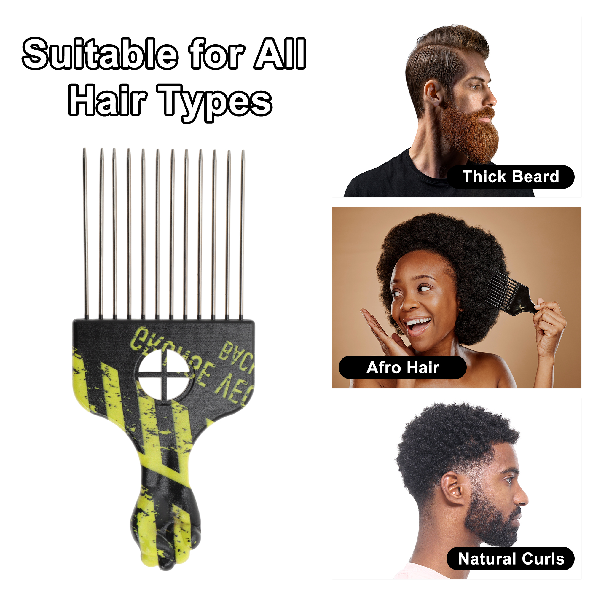 Unique Bargains 1 Pc Metal Hair Pick for Women Men Afro Pick Yellow Black